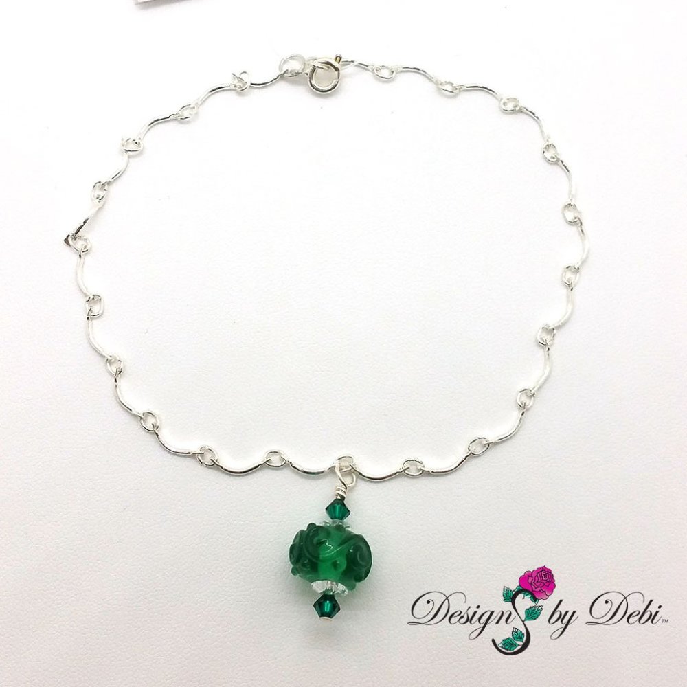 Green Glass & Swarovski Crystal Scalloped Anklet